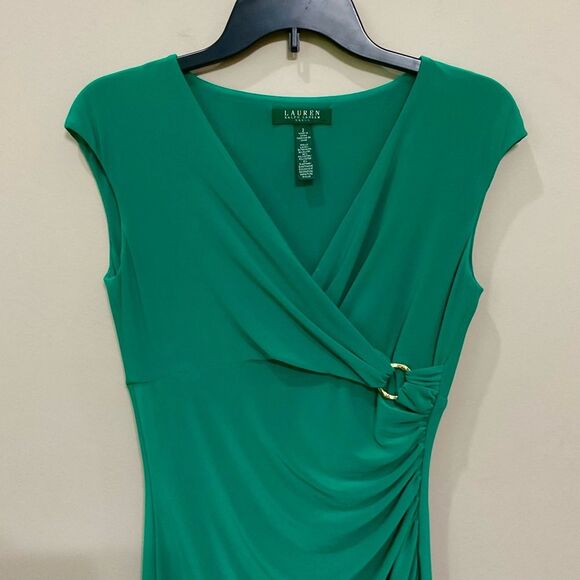 Lauren Ralph Lauren Green Surplice Dress Sz 2 Fitted Stretch Knit Cap Sleeve - Picture 2 of 5